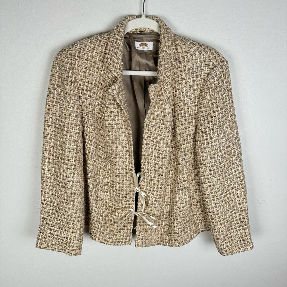 Talbots Tweed Blazer Jacket 14P Cream Brown Basket Weave Coquette Ribbon Bows